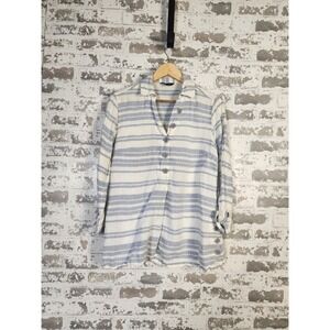 John Mark Top Size Medium Blue Linen Striped Coastal Beach Vacation
